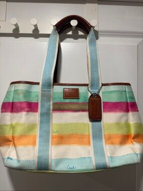 Vintage Coach Watercolor Stripe Hampton Canvas Tote with Leather Trim